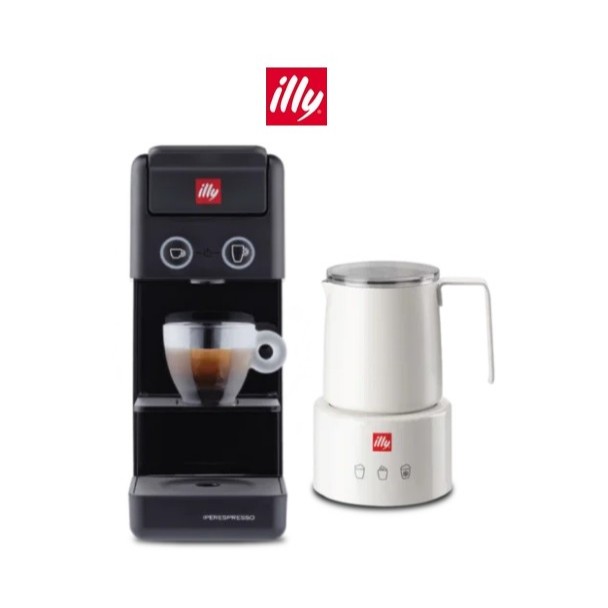 Y3.3 iperEspresso Coffee Machine (Black) + illy Electric Induction Milk Frother (White)