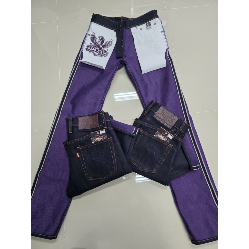 hardjeans 18oz PURPLE HORSE (ม้าหลังม่วง) INDIGO x PURPLE ผ้าดิบริมแดงทรงกระบอกเล็ก ตรง ใหญ่