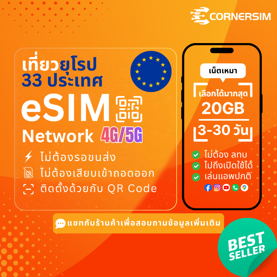 eSIM Europe Turkey อีซิมยุโรป ตุรกี 33 ประเทศ ความเร็ว 4G/5G เน็ตไม่อั้น เหมา 3-20GB นาน 3-30 วัน