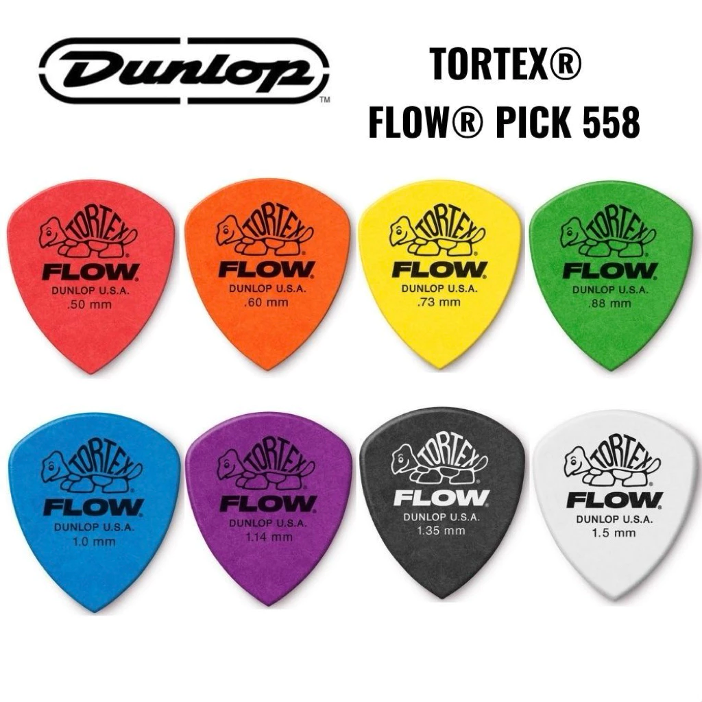 Jim Dunlop Tortex Flow Pick 558 ปิ๊กที่ผสมผสานรวมโทนเสียงที่มีความใสและคมชัดจาก Tortex ผนวกเข้ากับดีไซน์ Flow