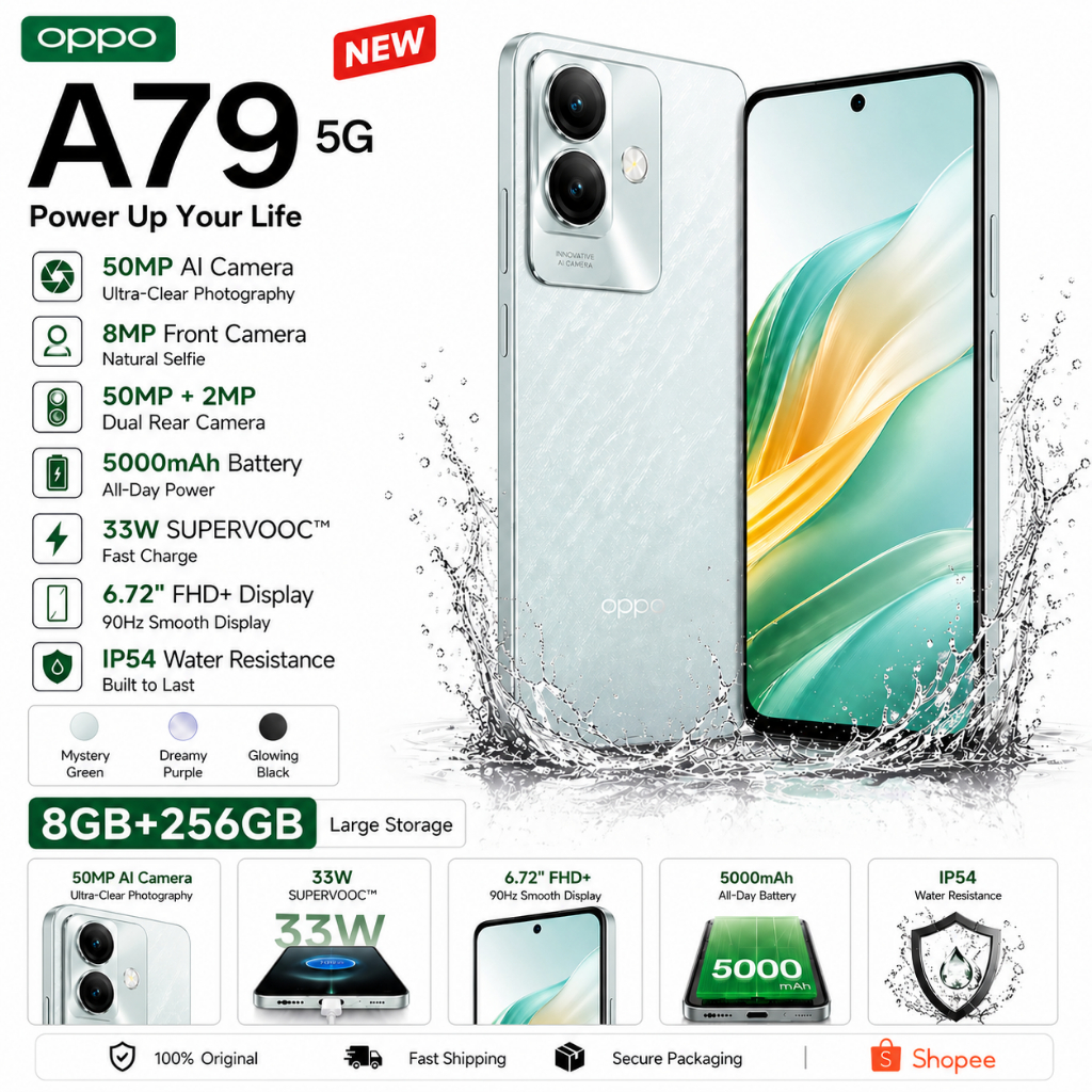 Oppo A79 5G (8+256GB) จอใหญ่ ชิปแรง Dimensity 6020 กล้อง 50MP ชาร์จไว 33W ของแท้ มีประกันศูนย์ 5 ปี🔥