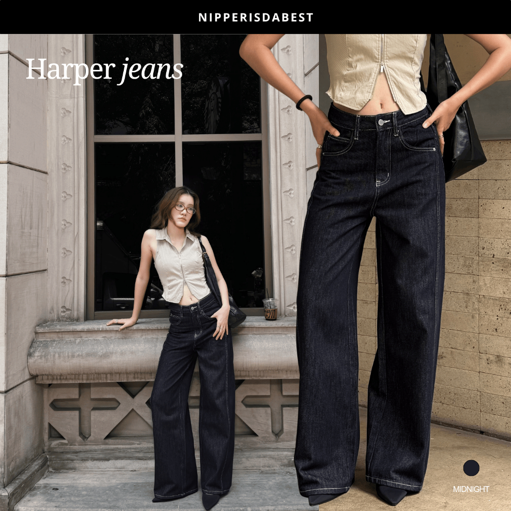 NIPPERISDABEST กางเกงยีนส์รุ่น Harper Jeans ทรงกระบอก สียีนส์เข้ม #NPJ707
