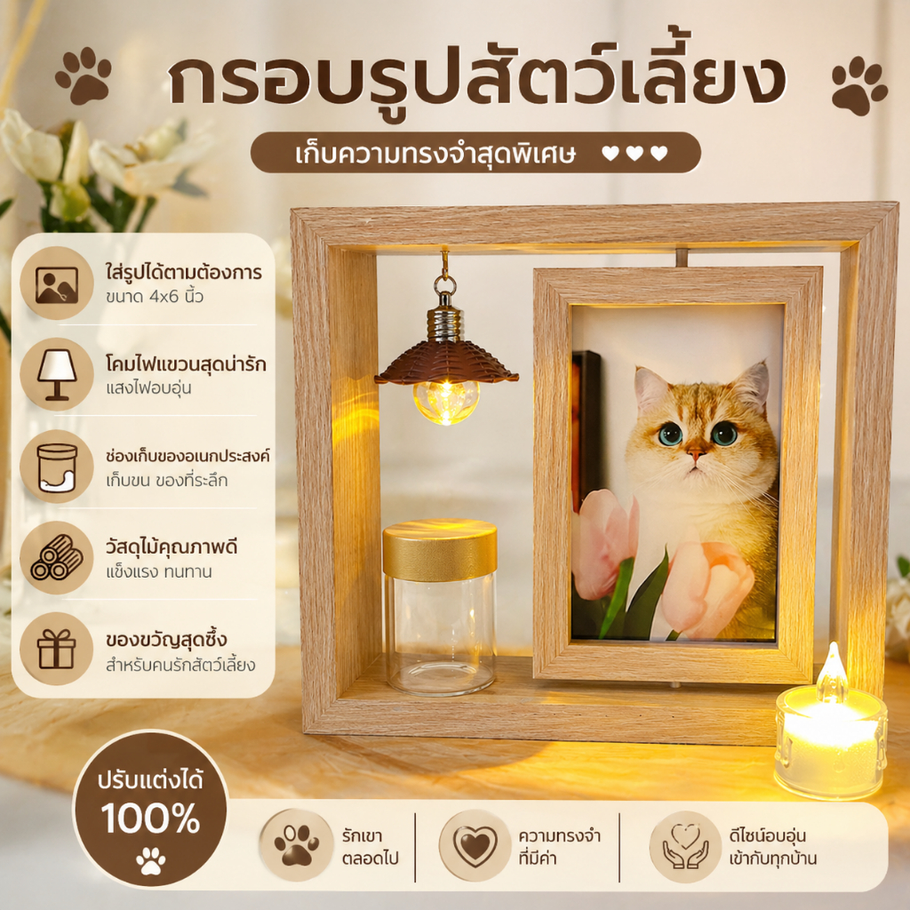 กรอบรูปสัตว์เลี้ยงมีไฟ ตั้งโต๊ะ แต่งบ้านมินิมอล ทุกคืนมีน้องอยู่ข้างๆ ด้วยโคมไฟกรอบรูป