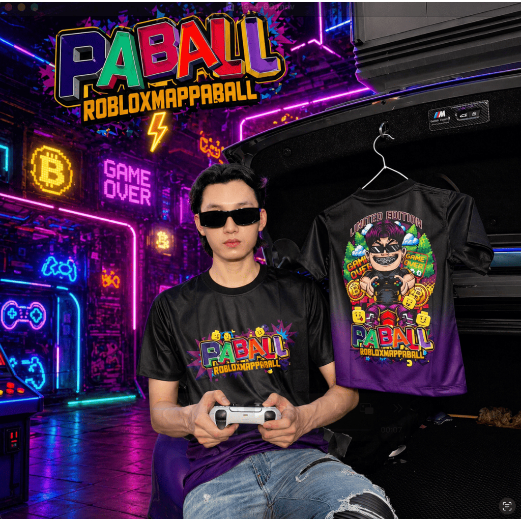 ROBLOXMAPPABALL ของแท้ เสื้อป๋าบอล รุ่น ROBLOXMAPPABALL แขนสั้น ผ้าไมโครไฟเบอร์ ลายใหม่ สีม่วงดำ พร้อมสติกเกอร์ลิมิเต็ด