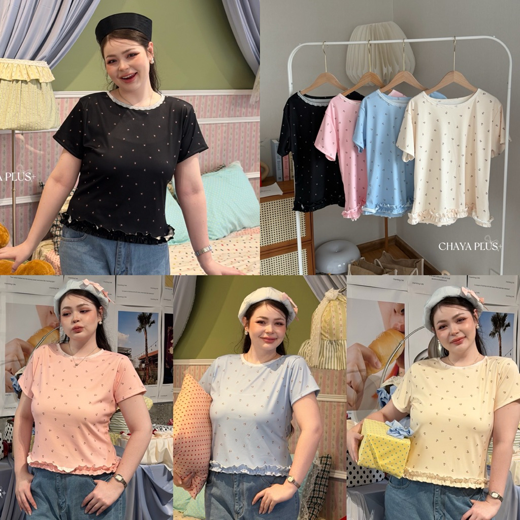 /LD/ เสื้อยืดตัวยาวแต่งชาย มีไซส์อก40-52 งานแต่งลูกไม้คอ ผ้ายืดเนื้อนิ่มพิมพ์ลายดอกไม้ น่ารัก ถ่ายรูปขึ้น #พลัสไซส์