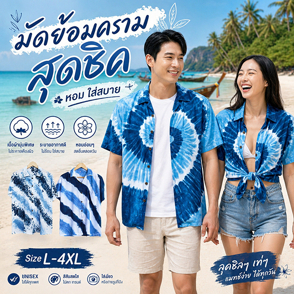 เสื้อฮาวายมัดย้อม L-4XL ผ้าสปัน ใส่สบายผ้าพริ้วมาก  ย้อมจากครามธรรมชาติ พร้อมส่งจากไทย
