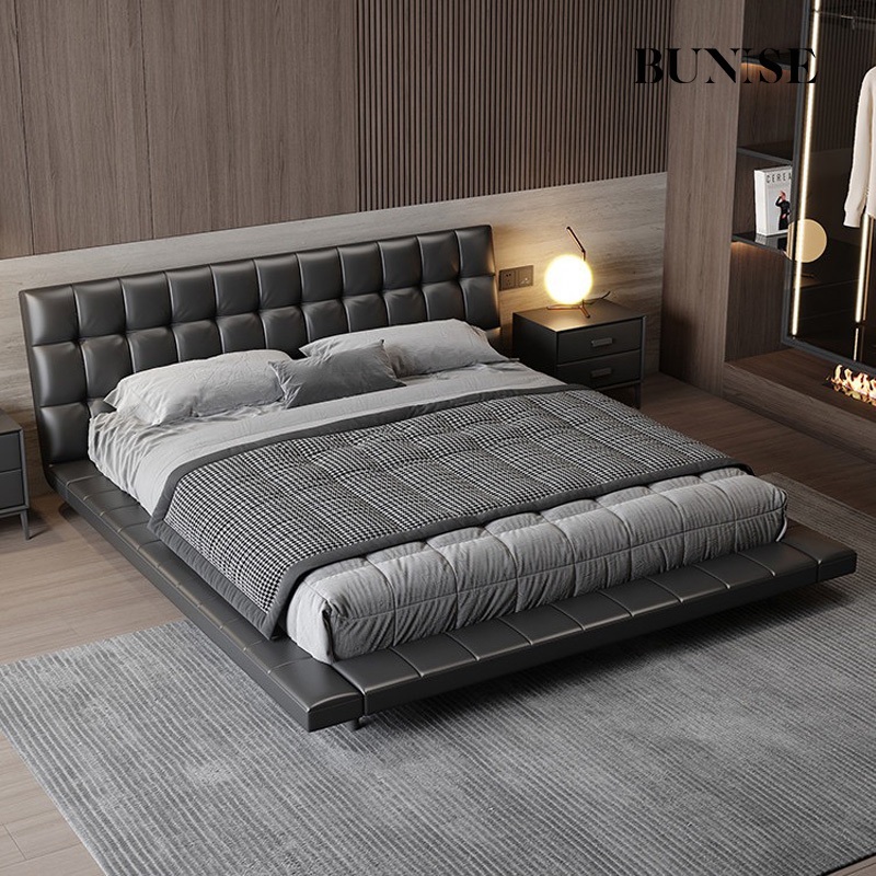 BUNISE H2044 Floating Leather Bed Chocolate Brown Modern Minimalist Beech Wood Base Bed for Master B