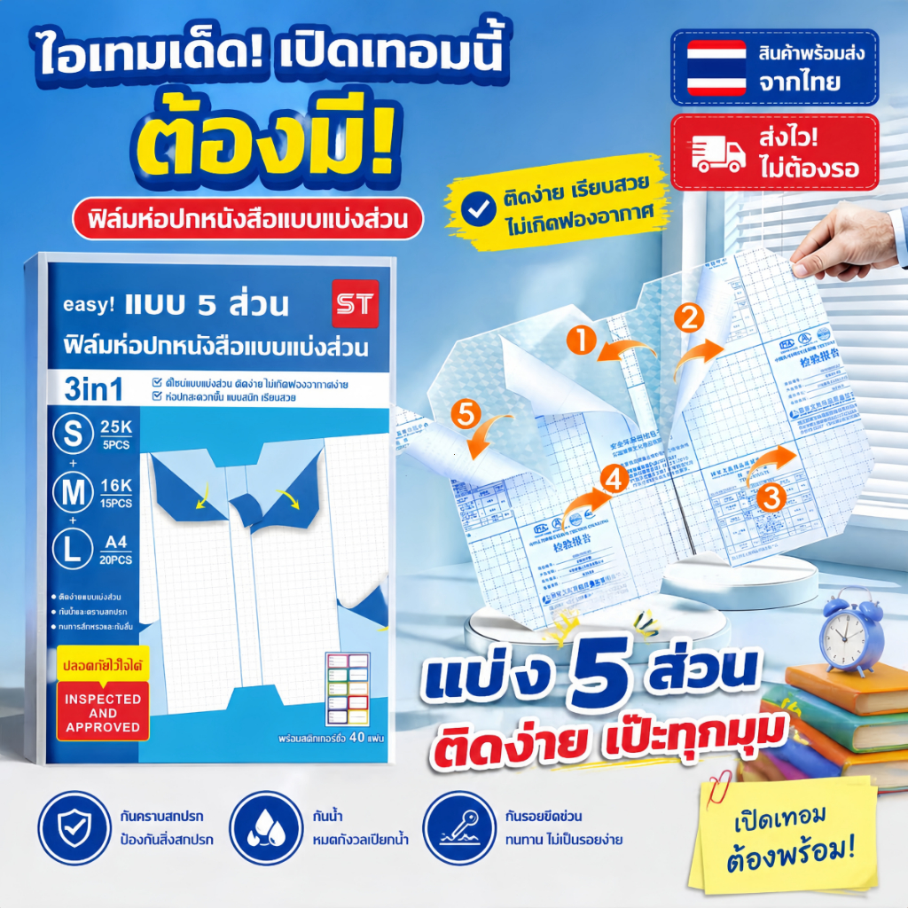 ST ปกห่อหนังสือ รุ่นใหม่ กระดาษรองหลัง 5 ส่วน กาวในตัว ลอกติดง่าย ไม่เป็นฟองอากาศ กันน้ำ กันคราบ แถมสติ๊กเกอร์ชื่อ
