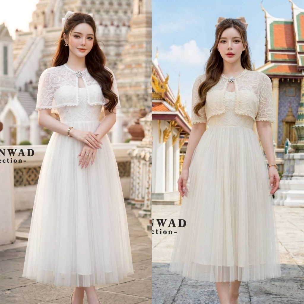 Parnwad  เดรสสายเดี่ยวตัวยาวบุลูกไม้ ช่วงล่างมุ้งสองชั้นเย็บติด มาพร้อมกับเสื้อคลุมลูกไม้ติดเข็มกลัดเพชร