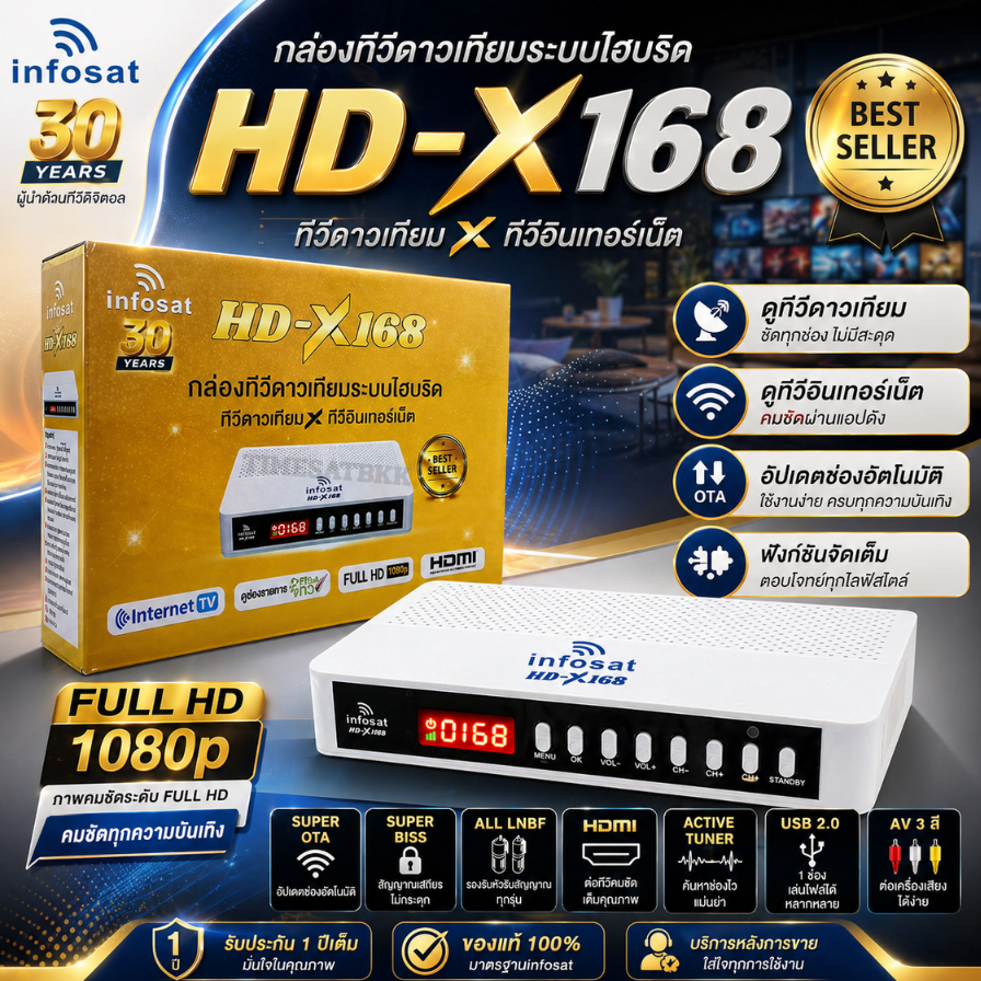 กล่องรับสัญญาณดาวเทียมไฮบริด INFOSAT รุ่น HD-X168 (ต่อใช้งานได้ทั้งจานดาวเทียมและอินเตอร์เน็ต)