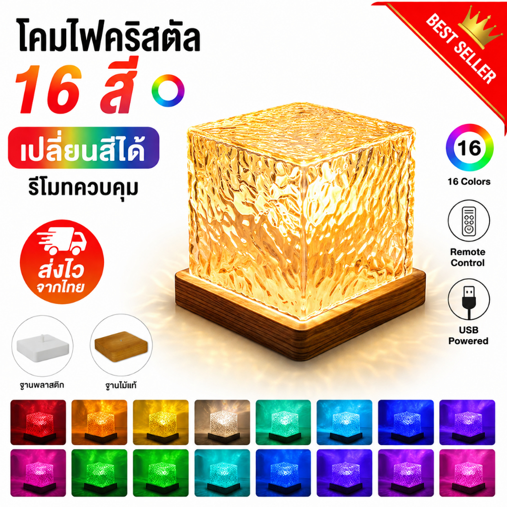 🔥 โคมไฟโปรเจคเตอร์ลายคลื่นน้ำ LED RGB 16 สี เปลี่ยนสีได้ ปรับแสงได้ โคมไฟตั้งโต๊ะ แต่งห้อง Night Light ของขวัญวันเกิด