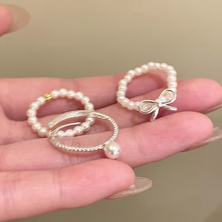 แหวน ring มุก โบว์ ins สไตล์เกาหลี แฟชั่น สำหรับผู้หญิง silver น่ารัก มินิมอล สไตล์บัลเลต์ หวาน COD
