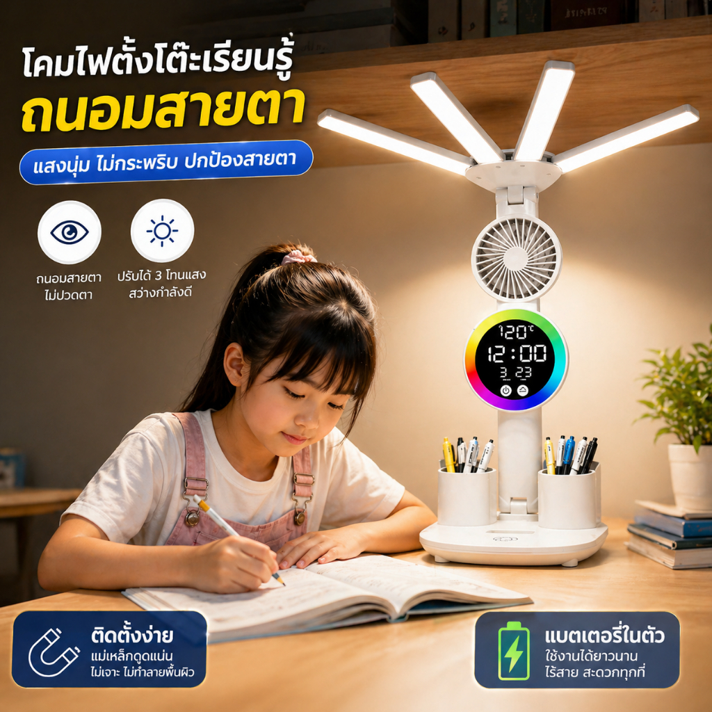 โคมไฟเรียนถนอมสายตา แสงกว้าง ประกอบนาฬิกา พัดลม ที่ใส่ปากกา ไฟบรรยากาศ ชาร์จไฟได้ สำหรับอ่านหนังสือ