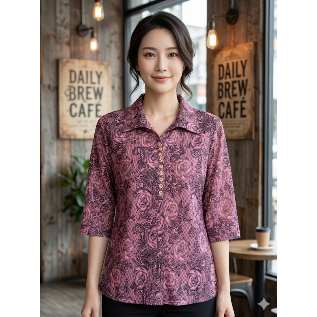 ใหม่ เสื้อยืดผ้าเกาหลี คอปกผ้ายืดลายดอก ฟรีไฃส์32''-44''แขนสามส่วน แบบสวมหัวเนื้อผ้า ยืดหยุ่นใส่สบาย
