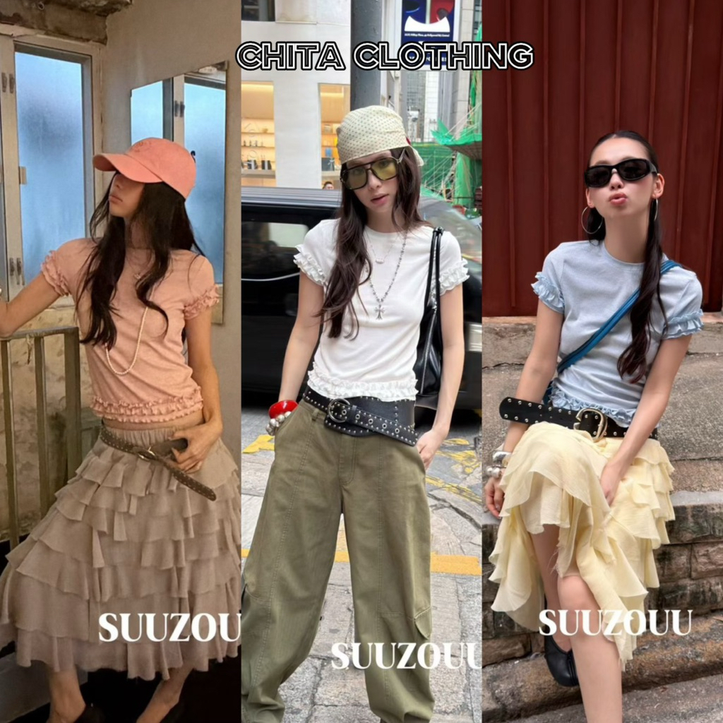 📍พร้อมส่ง📍SU235 26T 🇰🇷เสื้อแขนสั้นคอกลม ผ้าร่อง ไม่หนาไม่บาง แต่งผ้าช่วงปลายแขนปลายเสื้อ