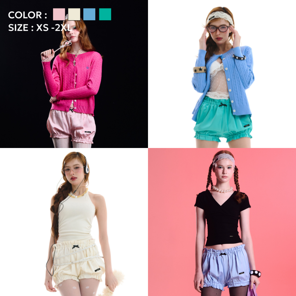Bemingshorts052(XS-2XL)-Gumari Shorts - กางเกงขาสั้นผ้าซาตินดีเทลขอบเอวยางยืดระบาย