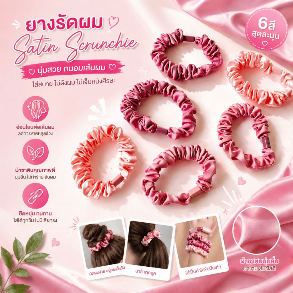 ยางรัดผม ผ้าซาตินเส้นเล็ก สีหวานน่ารัก