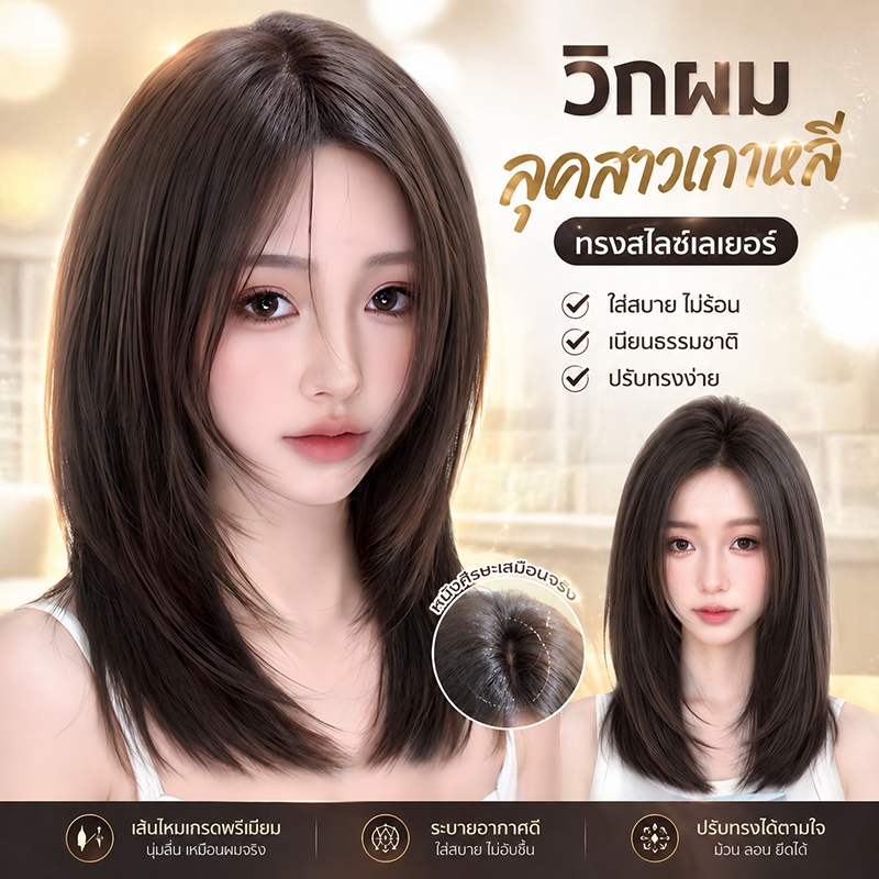 MAYAWIG วิกผมประบ่าสไลด์ เลเยอร์ มีหน้าม้าซีทรู สีน้ำตาล (50 cm.) MS15