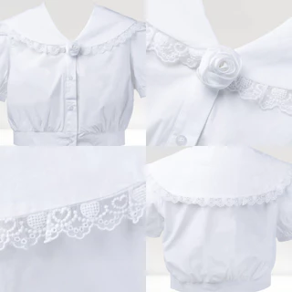 Paloy - PL2269 Blossom Collar Top เสื้อครอปแขนตุ๊กตาคอปกใหญ่ติดดอกคาร์มิเลีย (Little Miss Summer)