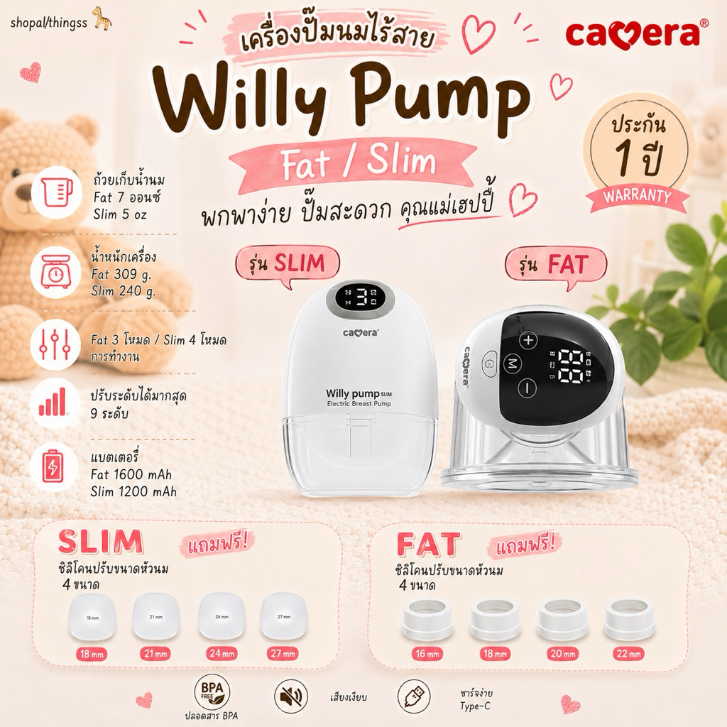 (ประกัน1ปี) CAMERA เครื่องปั๊มนมไร้สาย Willy Pump Fat / Slim พกพาง่าย แถมซิลิโคนปรับขนาดจุกนม