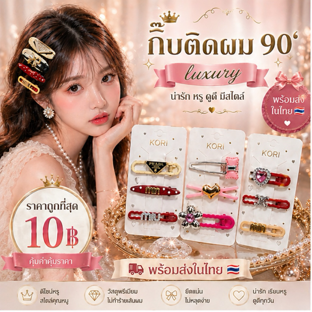 A1074 กิ๊บแบรนด์ แฟชั่นสไตล์เกาหลี ขายส่ง 10 บาท 12แผงขึ้นไป ราคาถูกที่สุด
