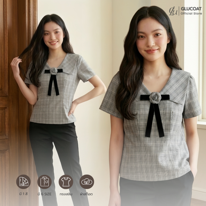 Glucoat | [A320] เสื้อสก็อตแขนสั้นสีเทาคอปก แต่งเข็มกลัดโบว์ดอกไม้ ซิปหลังยาวใช้งานได้จริง