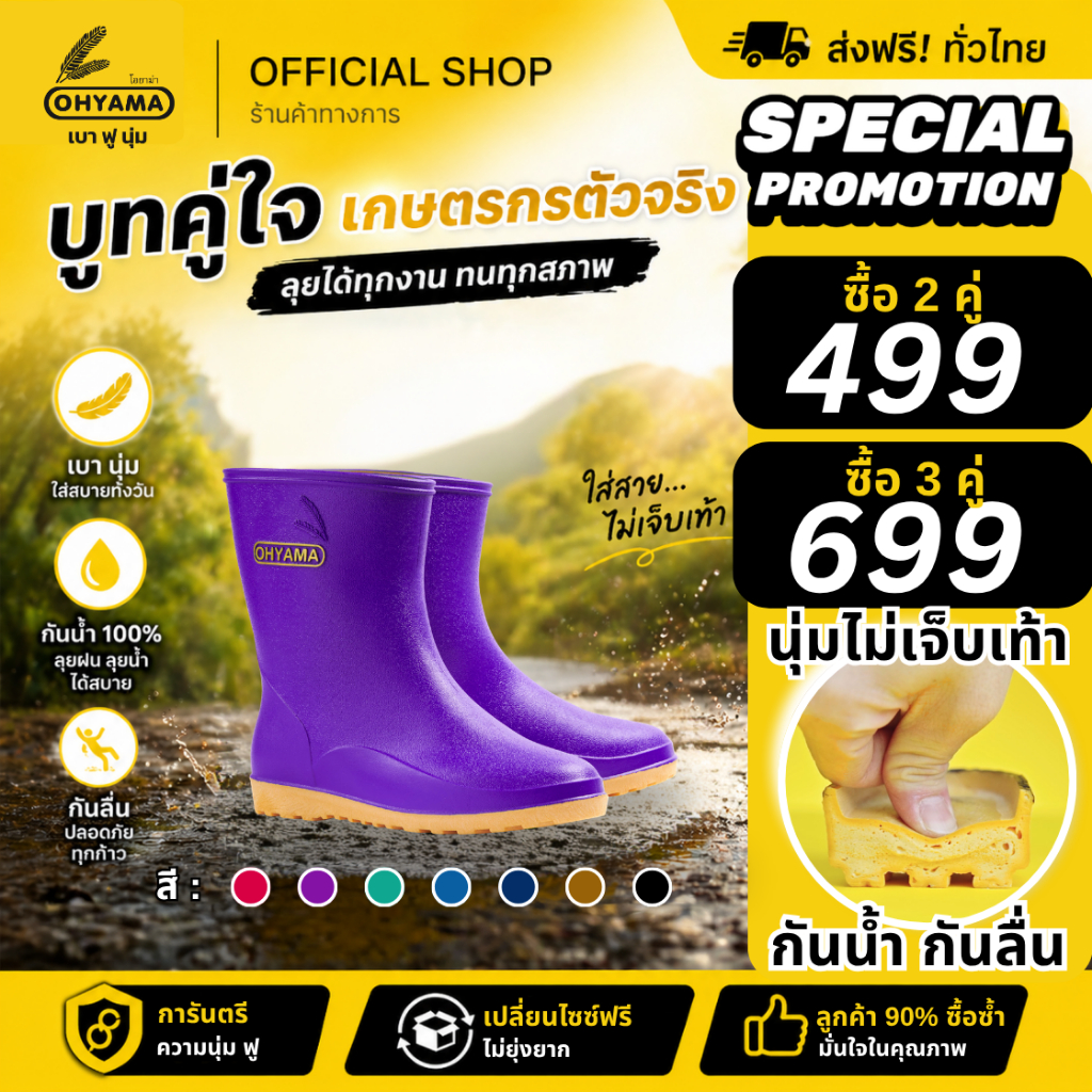 (ส่งฟรี)รองเท้าบูทโอยาม่า สูง 8 นิ้ว Ohyama รุ่น Slim B.008 รองเท้าบูทยาง กันน้ำ ไม่กัด กันฝน ทำสวน ก่อสร้าง ทำความสะอาด