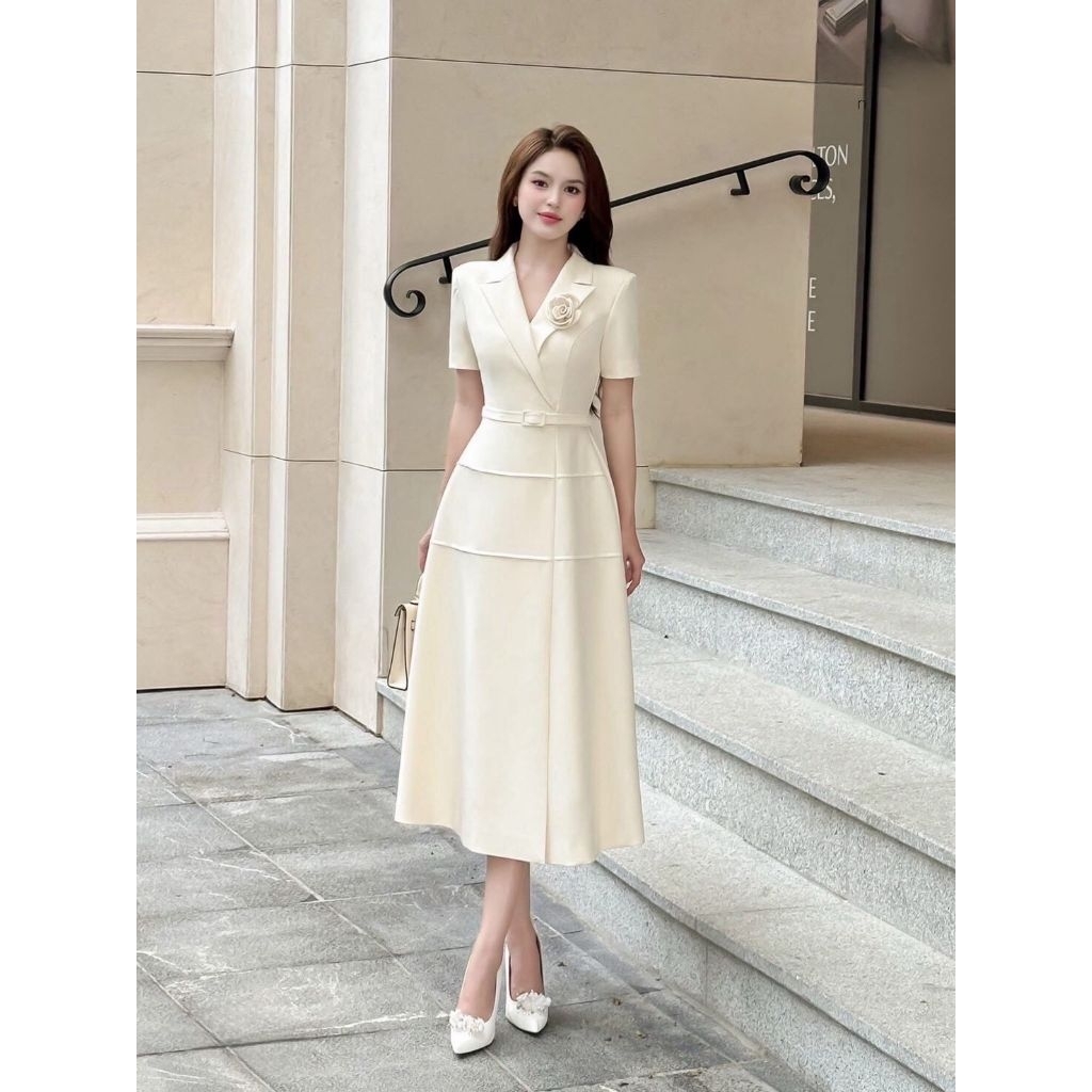 French Korea ชุดเดรสใส่ทำงาน สีครีม ดีไซน์คอปกเชิ๊ต เอวเข้ารูป กระโปรงบานสวย+เข็มขัด ใส่ไปทำบุญ สุภาพ Widelia@real