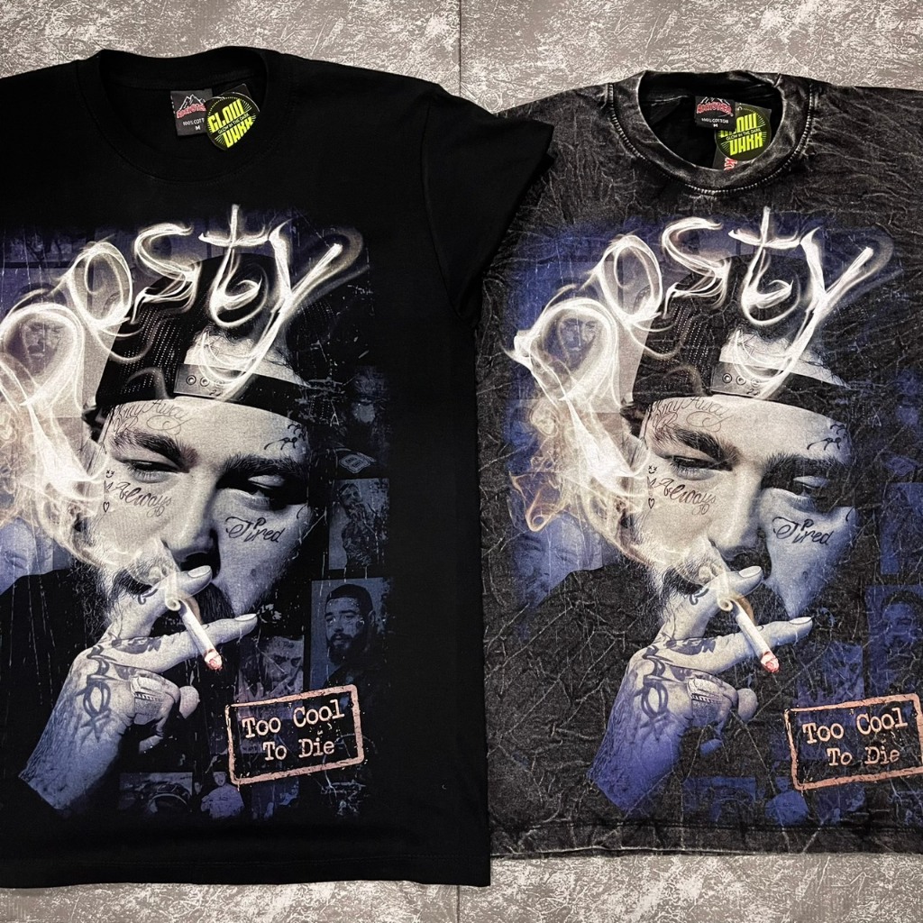 เสื้อยืดผ้าฟอก-ผ้าดำ PostMaloneควัน(ป้ายRocktee เรืองแสง) ผ้าCotton100