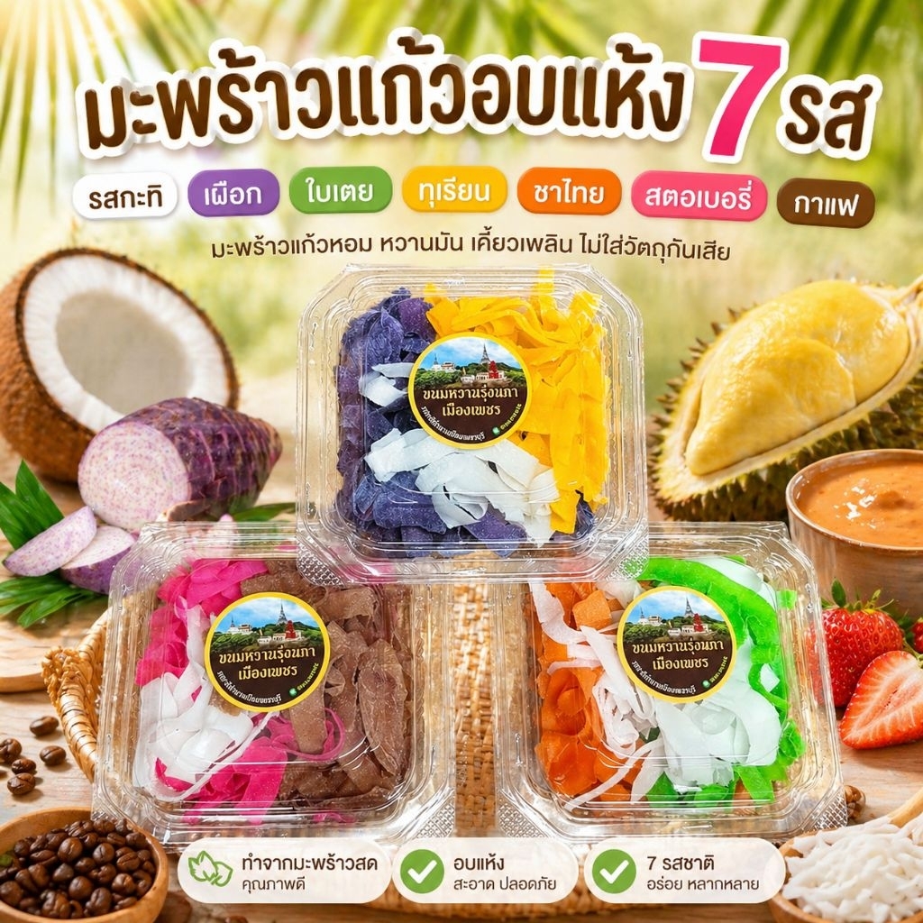 มะพร้าวแก้ว7รส ปลีก-ส่ง (แบบเส้น) รุ่งนภาเมืองเพชร