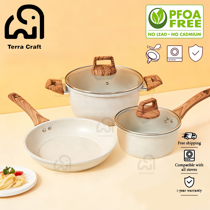 Terra Craft ชุดเครื่องครัว Non-Stick 4Pcs/3Pcs/2Pcs ชุดครัวหินแกรนิตสีขาว เหมาะสำหรับเตาแก๊ส
