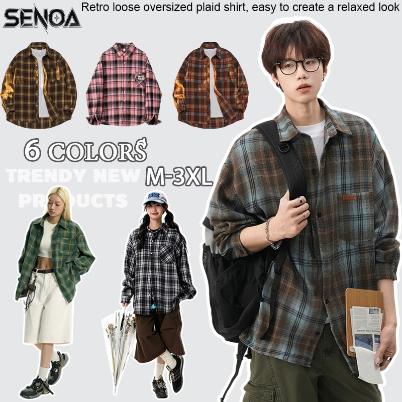 💐SENOA✨ เสื้อเชิ๊ตผู้ชาย ลายสก็อตแขนยาว สไตล์เกาหลี อินเทรนด์ M-3XL Unisex ผ้านุ่ม ทรงหลวม ลายสก๊อต แฟชั่นฤดูร้อน