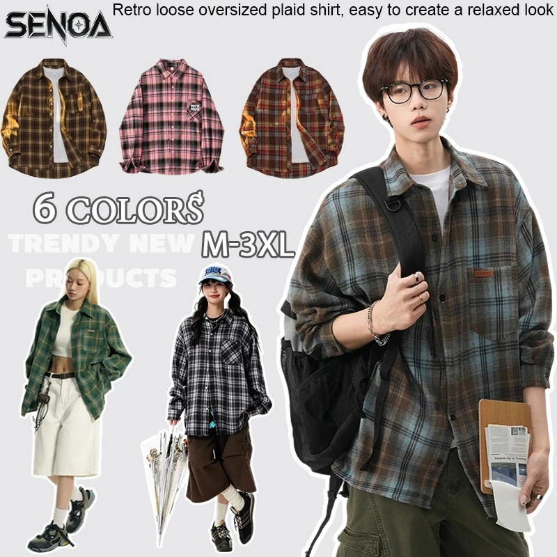 💐SENOA✨ เสื้อเชิ๊ตผู้ชาย ลายสก็อตแขนยาว สไตล์เกาหลี อินเทรนด์ M-3XL Unisex ผ้านุ่ม ทรงหลวม ลายสก๊อต แฟชั่นฤดูร้อน