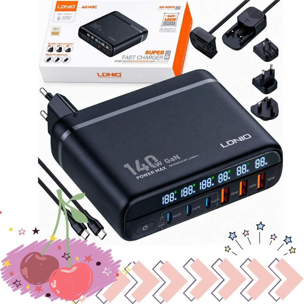 พร้อมส่งจากไทย LDNIO A6140C 140W GaN ที่สุดของการชาร์จไว สามารถใช้พร้อมกันได้ถึง 6 ช่อง ทั้ง USB Typ
