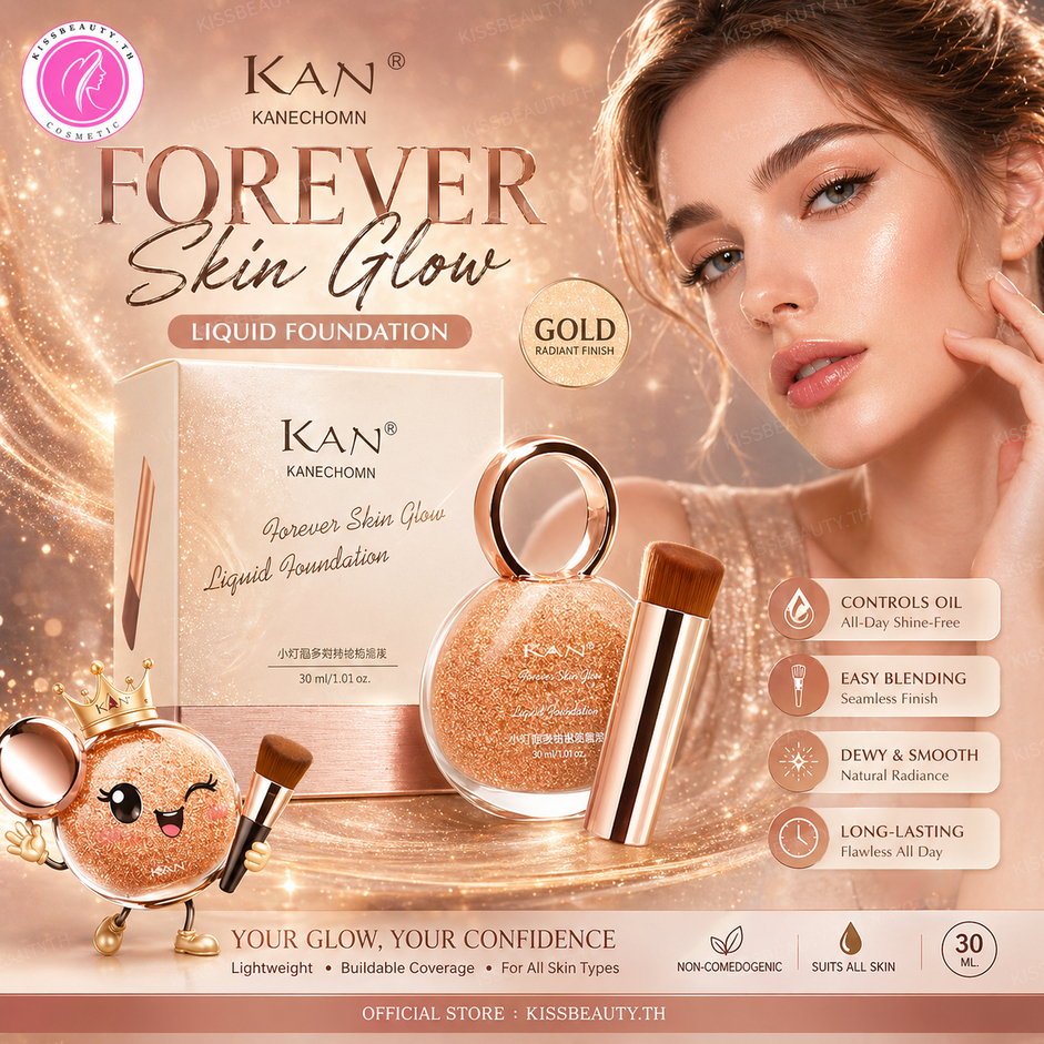 KAN รองพื้น ครีมรองพื้น KAN ครีมรองพื้นพร้อมแปรงเกลี่ยคุมความมัน เกลี่ยง่าย หน้าฉ่ำ ผิวดูเนียน โกลด์