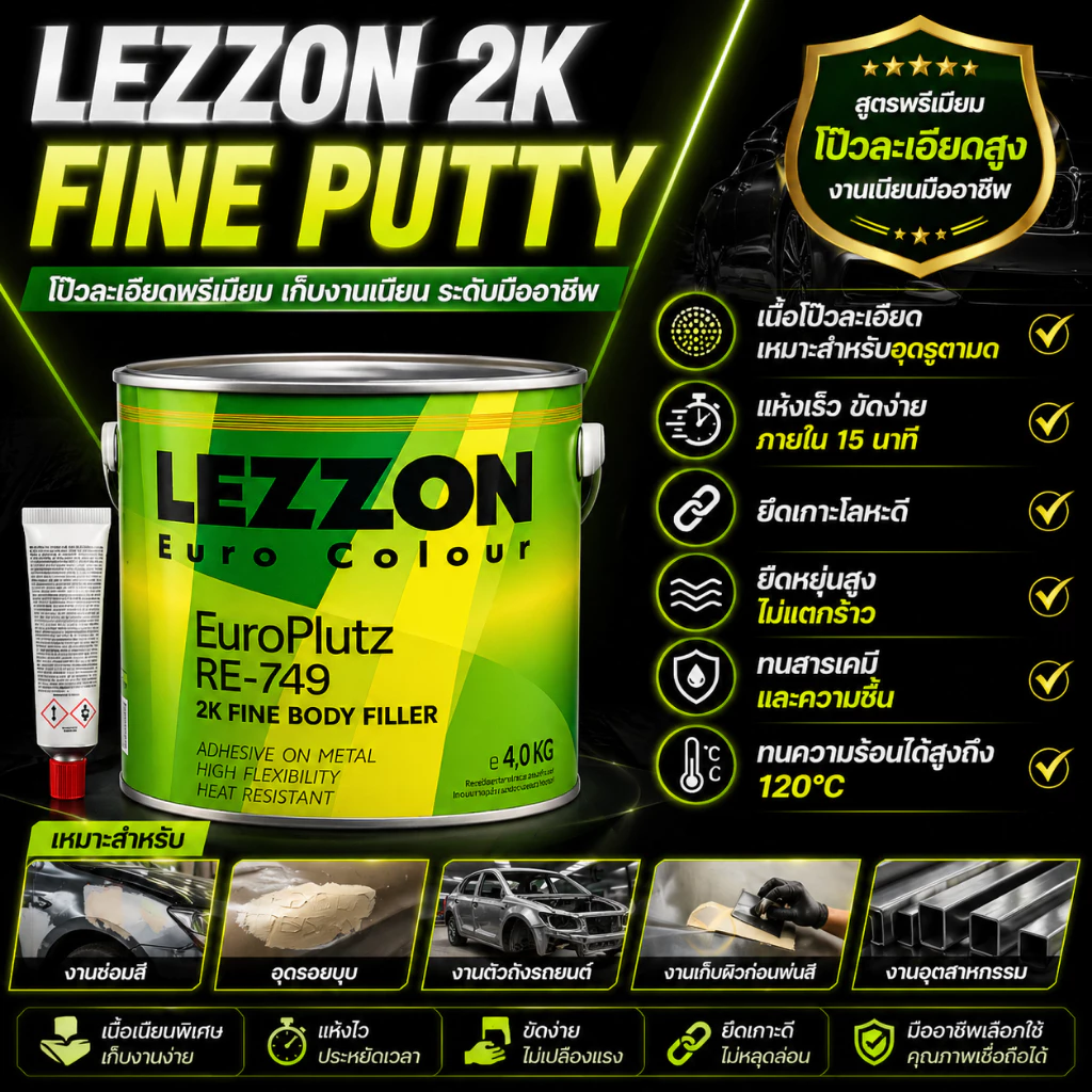 LEZZON RE-749 สีโป๊วเนื้อละเอียด 2K พร้อมน้ำยาชมพู | แห้งไว ขัดง่าย ทนร้อน 120°C
