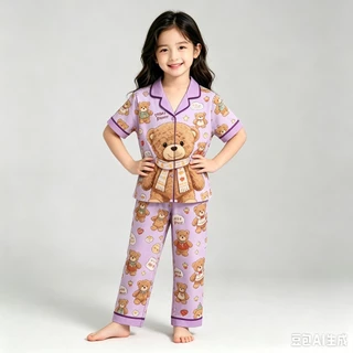 MC264 ชุดนอนเด็ก ลายตุ๊กตาหมี สีพาสเทล แขนสั้นขายาว น่ารัก ใส่นอนสบาย