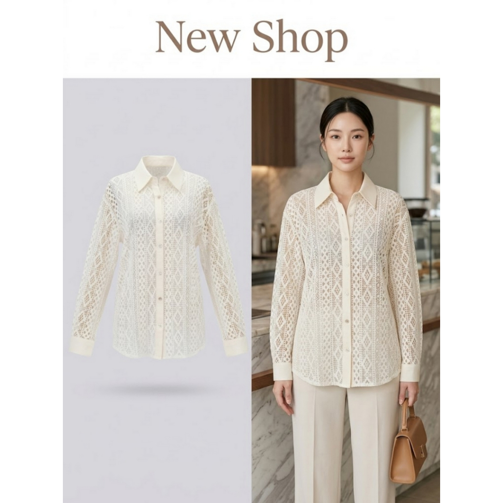เสื้อเชิ้ตลูกไม้สีขาวครีมคอปกเรียบ ทรงตรงใส่สบาย