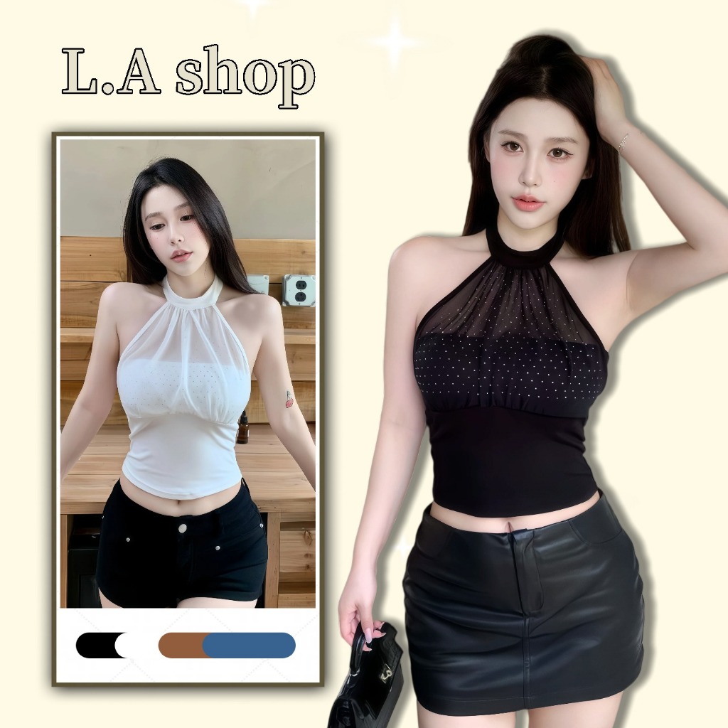 L.A Shop★พร้อมส่ง เสื้อแขนกุด เสื้อครอปท็อปคอหอยลายจุด สไตล์เกาหลี เก็บเอวให้ดูผอม -FY2950