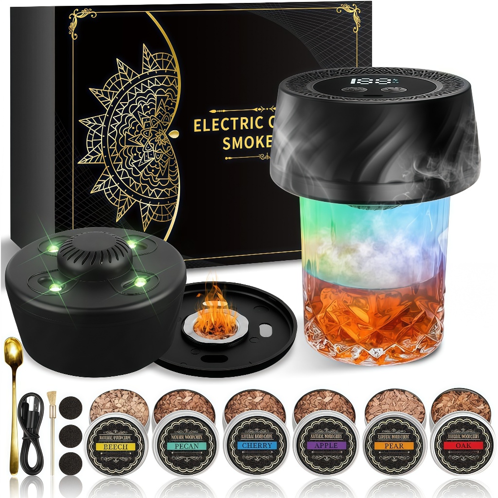 Electric Whiskey Smoker Kit with RGB light,Built-in Lighter Cocktail Bourbon Drink Smoker Infuser Ki