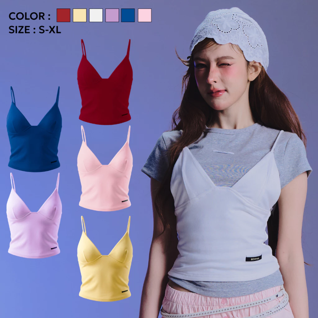 Bemingtop1152(S-XL) - Loli Top - เสื้อสายเดี่ยวดีไซน์ทรงเข้ารูป คอวีช่วยเสริมทรงให้ดูสวยพอดีตัว
