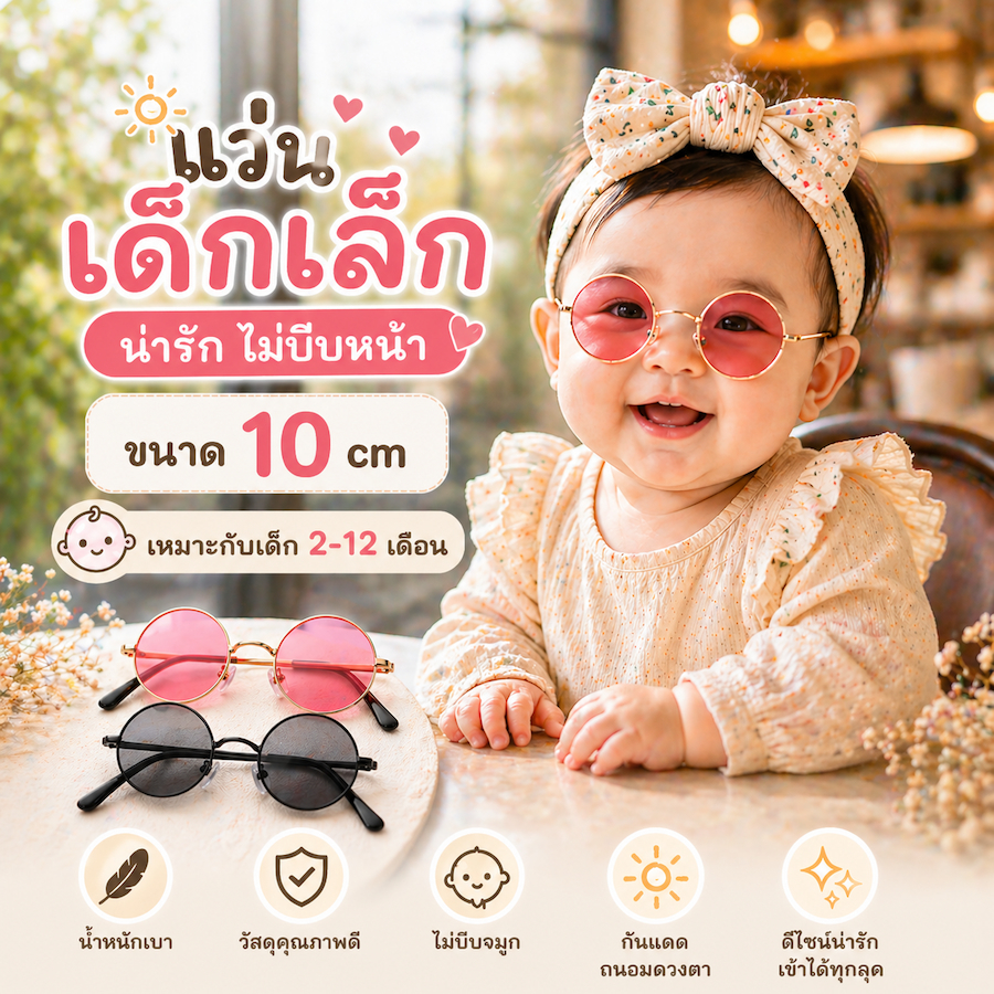 แว่นตาเด็ก สำหรับกันแดด ทรงกลม ป้องกันรังสี UV ได้ หน้ากว้าง 10 cm เหมาะสำหรับเด็ก 2-12 เดือน
