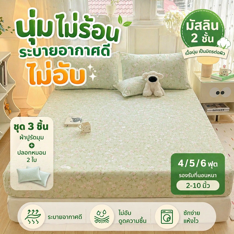 ชุดผ้าปูที่นอนรัดมุม 3 ชิ้น นุ่ม ไม่ร้อน ระบายอากาศดี ไม่อับ พร้อมปลอกหมอน ลายดอกไม้ มัสลิน 2 ชั้น 4/5/6 ฟุต