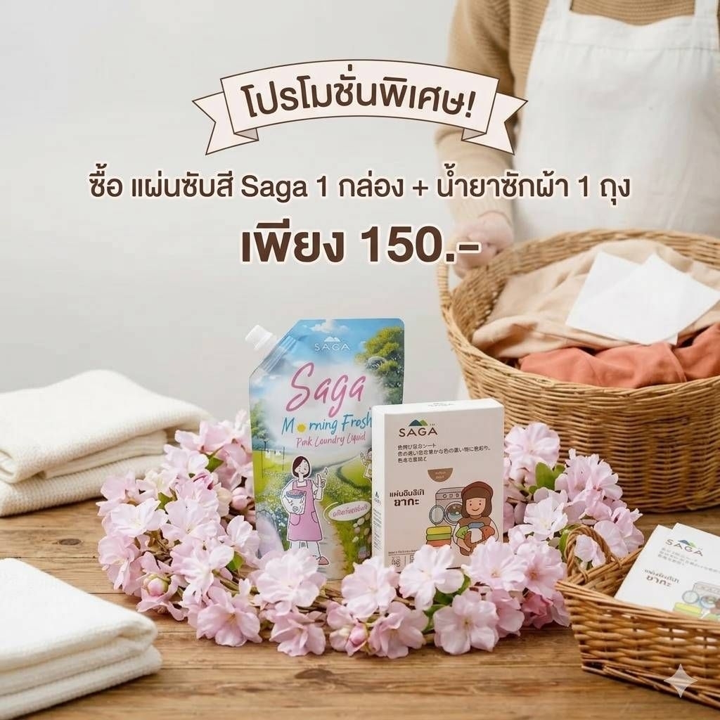 จับคู่เฉพาะกิจ 🤩 แผ่นซับสีSaga + น้ำยาซักผ้าสูตรเข้มข้น 500 มล.