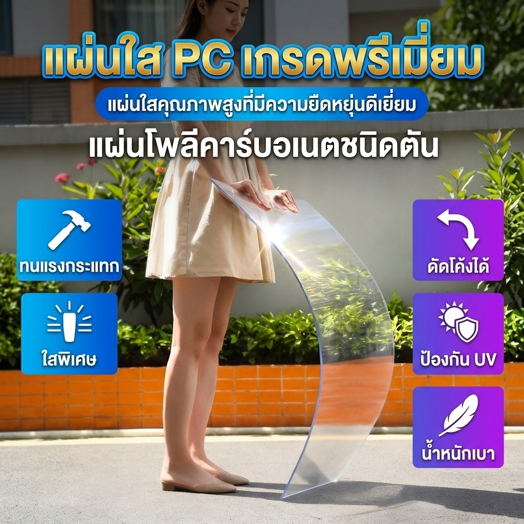 pc แผ่นอะคริลิคใส แผ่น PC ใส โพลีคาร์บอเนต ทนแรงกระแทก ใสพิเศษ ป้องกัน UV น้ำหนักเบา ตัดแต่งได้