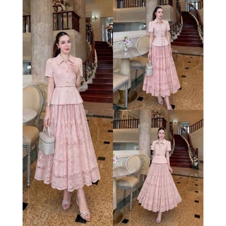 THE CLOSETA : LB203 ชุดเสื้อคอปกแขนสั้นกระดุมหน้า+กระโปรงลูกไม้สีขาวใส่งานบุญสวยหรู