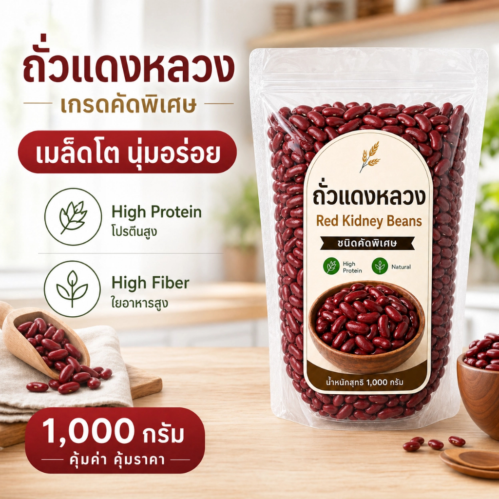 ถั่วแดงหลวง คัดพิเศษ เกรด A Red Kidney Beans | โปรตีนสูง ไฟเบอร์สูง Non-GMO ไม่มีสารกันเสีย ขนาด 250g / 500g / 1kg