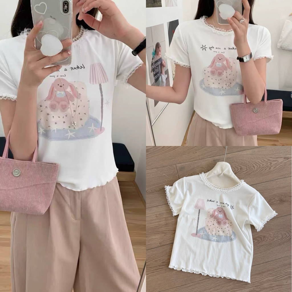 เสื้อยืดลายน้องหมีแต่งลูกไม่ขอบคอ แขน 🐻