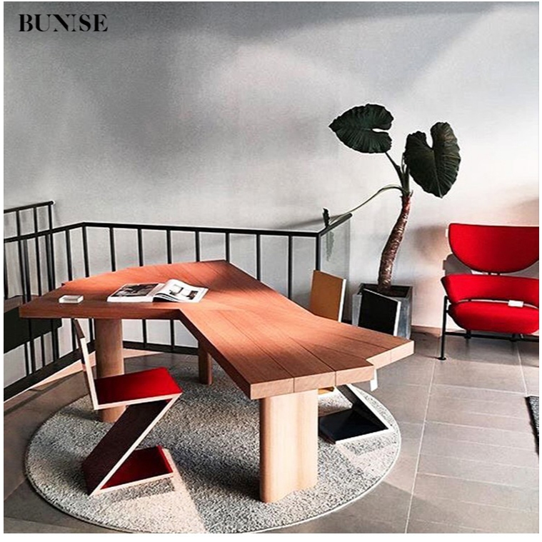 BUNISE VENTA Modern Solid Wood Office Desk Minimalist Executive Desk Asymmetrical Design for Home or