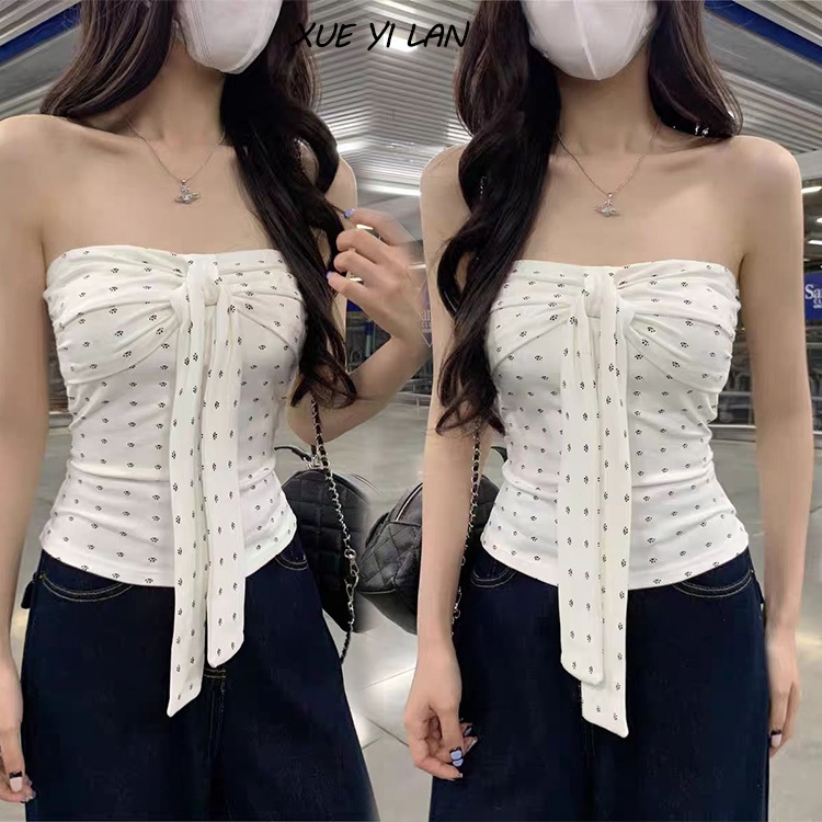 🍒เสื้อยืดผู้หญิง👚เสื้อเปิดไหล่ ทรงเข้ารูป Tube Top สไตล์ออลแมทช์ ลายดอกไม้เล็กๆ เสื้อครอป ฤดูร้อน สไตล์เกาหลี#F037